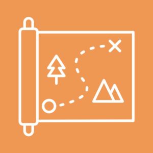 Simple line drawing of a map with a dotted path to an X on an orange background