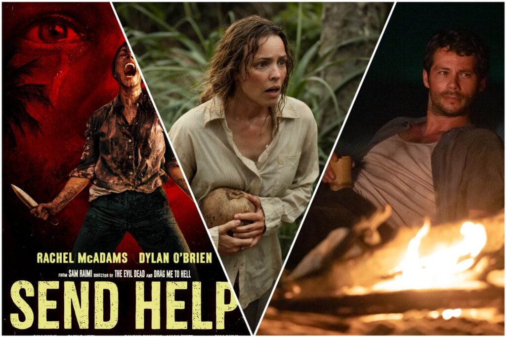 A movie poster for "Send Help" split into three sections