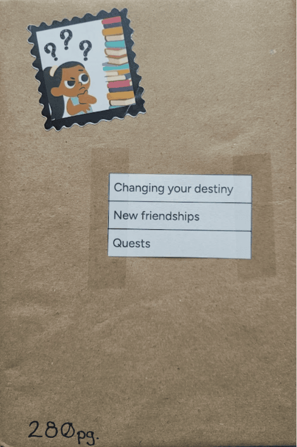 A brown paper-wrapped book with stickers