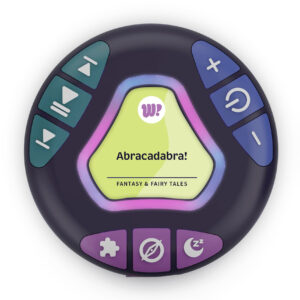 Round electronic device with various control buttons and a central display screen reading "Abracadabra! FANTASY & FAIRY TALES.