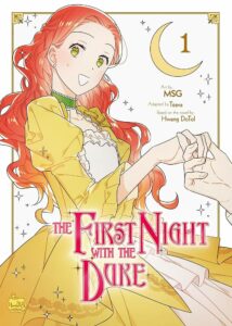 Anime-style woman with long red hair in a yellow dress smiling, holding hands with an unseen person. Text reads “The First Night with the Duke, Volume 1”.