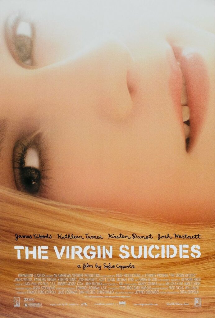 Close-up of a young woman's face lying down, with film credits and the title "The Virgin Suicides" by Sofia Coppola overlaid at the bottom.