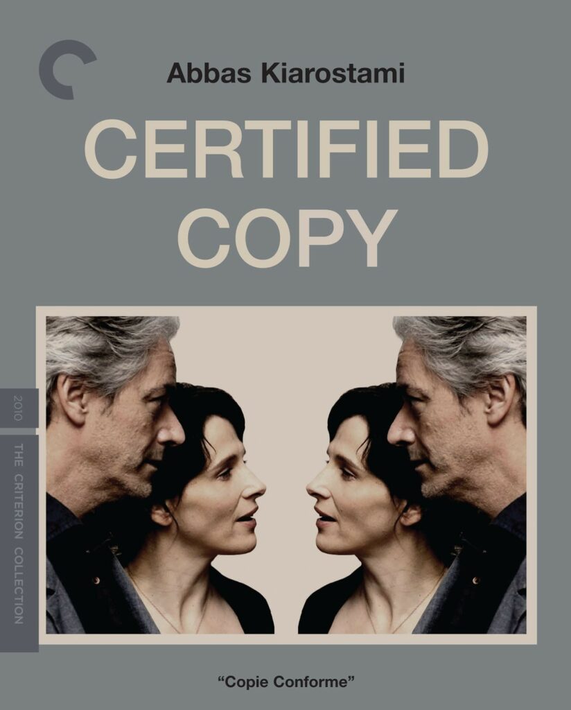Movie poster for "Certified Copy" showing two mirrored images of a man and a woman facing each other, with the film title and director's name above them.