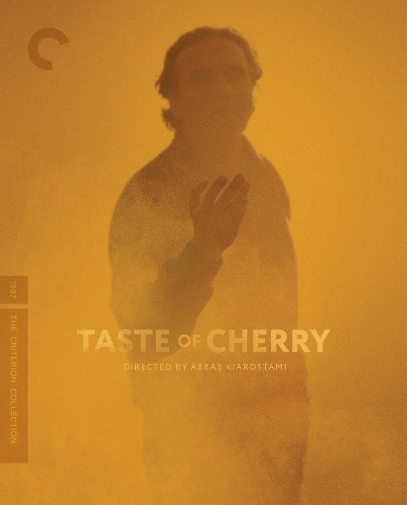 A silhouetted man stands surrounded by yellow-orange haze, with the text "Taste of Cherry" and "Directed by Abbas Kiarostami" on the image. Criterion Collection logo and label on the left.