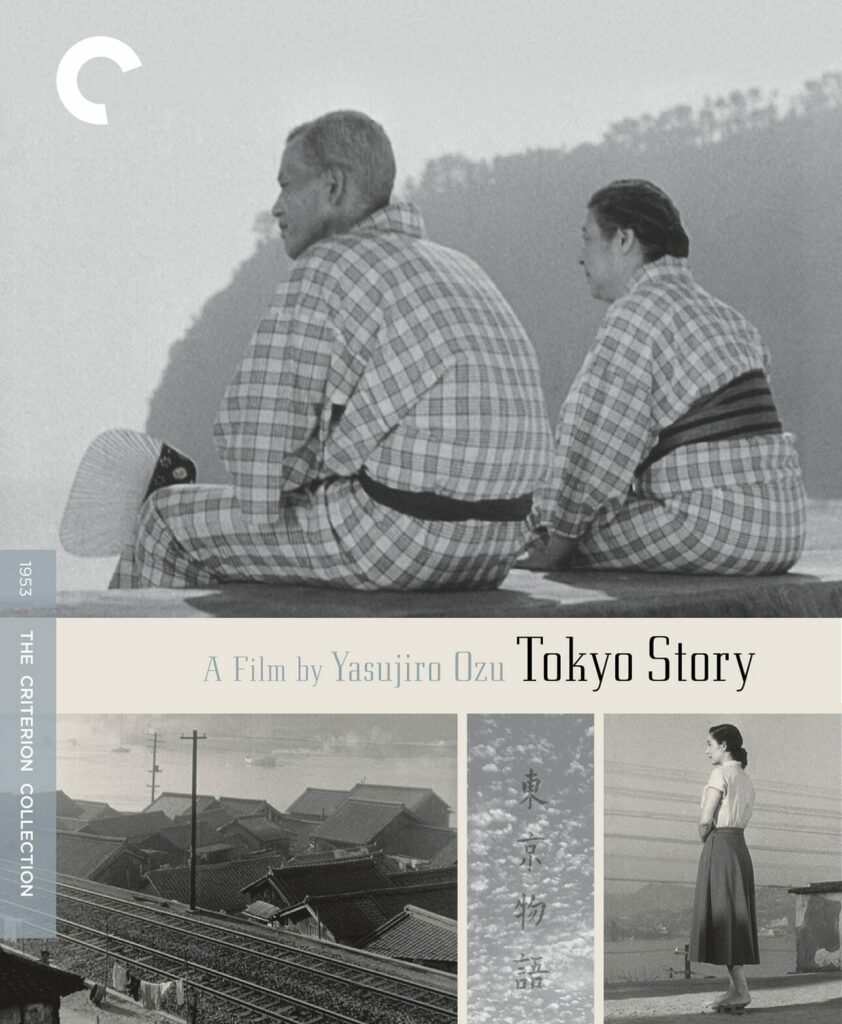 An elderly man and woman in traditional clothing sit side by side, looking out over water; smaller images below show a woman standing and a view of rooftops and train tracks.